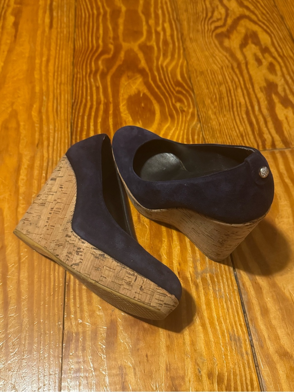 Stuart Weitzman Navy Suede Cork Wedge Pumps - Picture 3 of 9